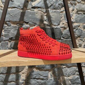 Christian Louboutin Poppy Red Suede Louis Spikes Sneakers